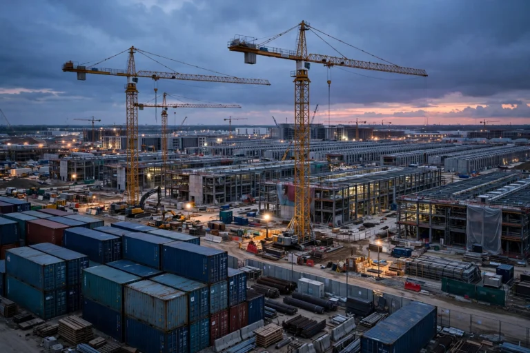 The AI Spending Boom Has a Math Problem: Costs Are Racing Ahead of Revenue Large AI data center under construction at dusk, symbolising the scale of AI infrastructure spending