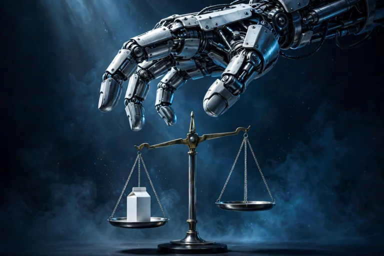 Robot hand over a milk carton on a balance scale