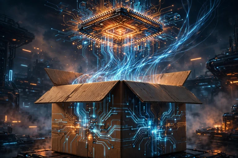 AI delivery box merging into a microchip