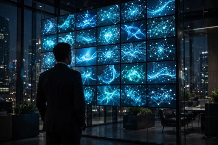 Jamie Dimon: AI Will Eliminate Jobs — Phase It In, or Risk Civil Unrest Banker silhouette looking at glowing AI data screens in a bank office