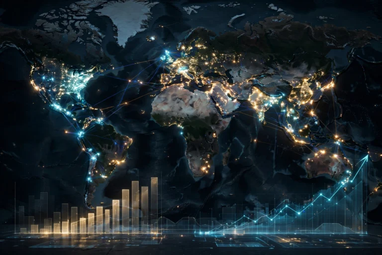 World map with glowing AI data centre nodes and rising growth charts