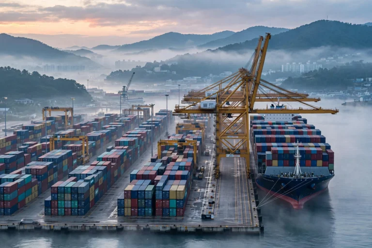 South Korea’s Exports Double in First 10 Days of October as Chip Shipments Surge Container port in South Korea at dawn with a large cargo ship