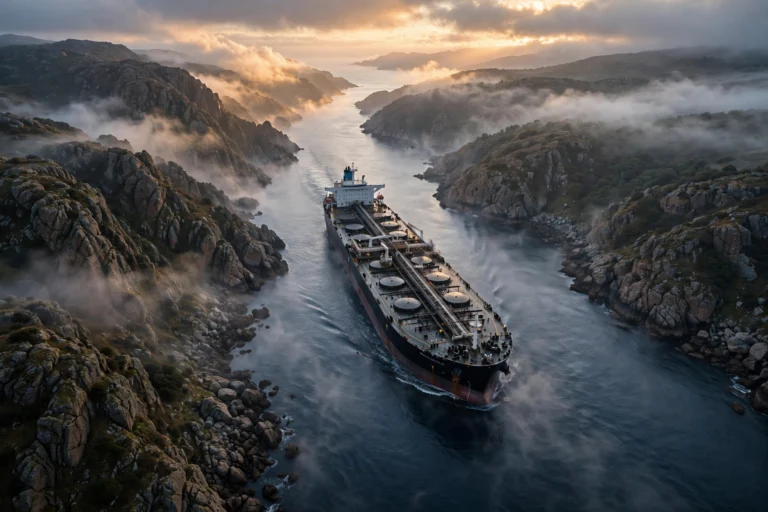 Crude oil tanker sailing through a narrow strait at dawn