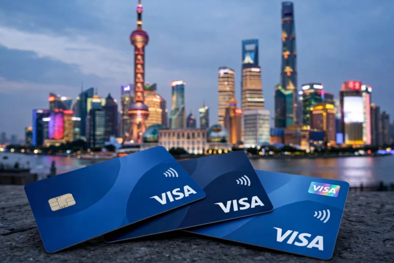 Payment cards with a Shanghai skyline at dusk
