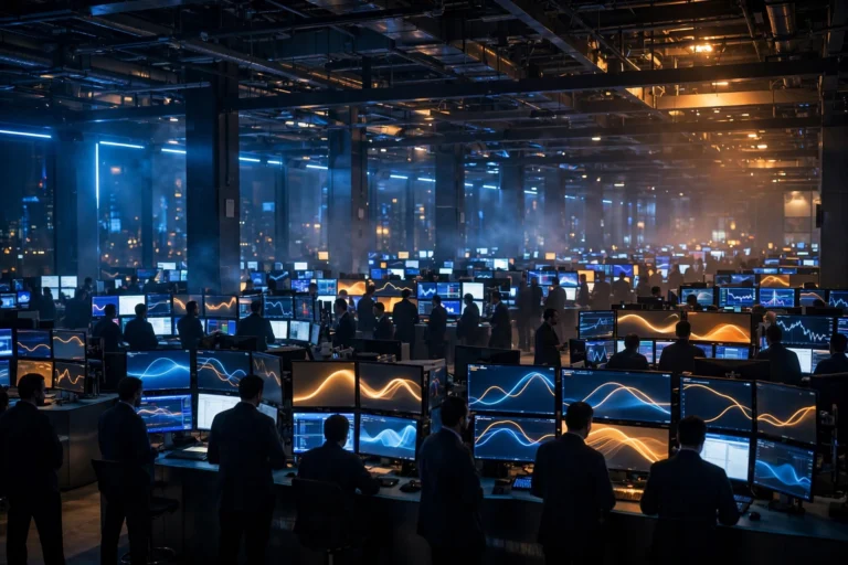 Trading floor with glowing market monitors
